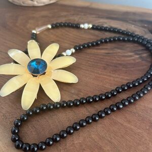 Elegant Yellow and Blue Floral Sunflower Necklace black beaded chain Hippie sun